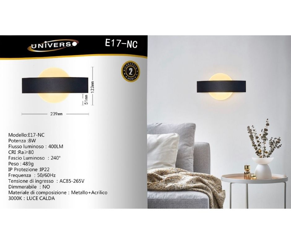 APPLIQUE DA MURO 8W 3000K E17-NC