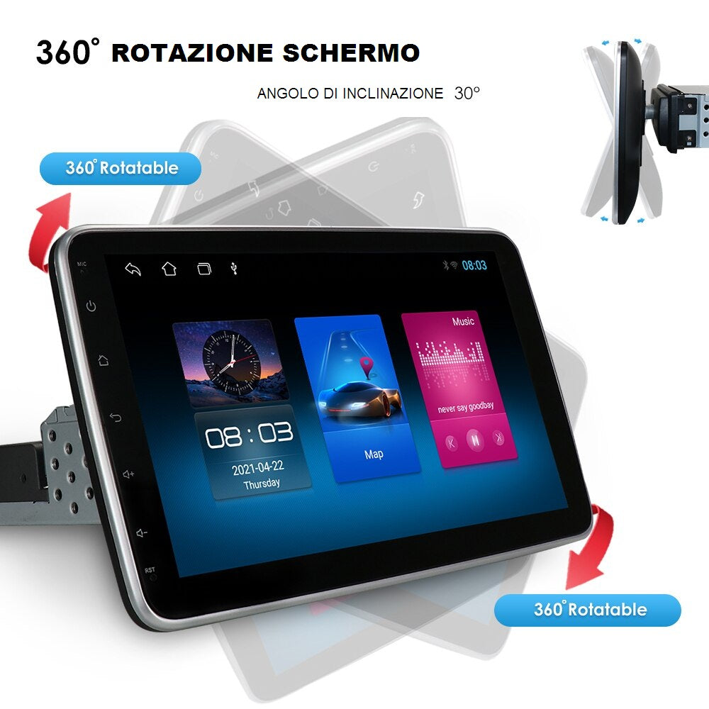 AUTORADIO 1 DIN UNIVERSALE PER TUTTE LE AUTO. CON SCHERMO REMOVIBILE , ROTAZIONE 360°, INCLINAZIONE 30°
